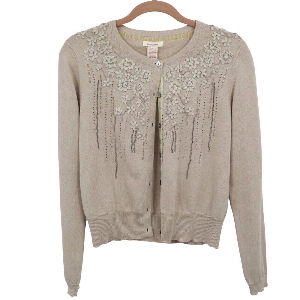 Sundance Embellished Cardigan Womens XS Beige Grandma Chic Cottagecore Coquette‎